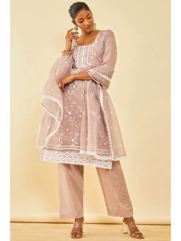 Soch - Mauve Kota Embroidered Dress Material (Set of 3)