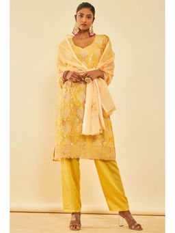 Soch - Yellow Organza Embellished Dress Material (Set of 3)