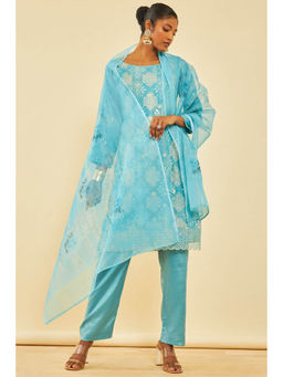 Soch - Blue Organza Embellished Dress Material (Set of 3)