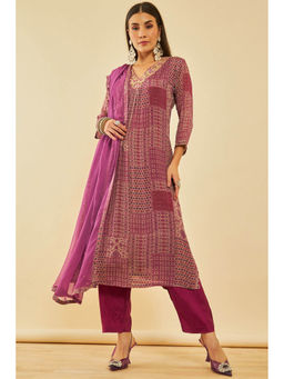 Soch - Wine Viscose Embroidered Kurta with Pant & Dupatta (Set of 3)