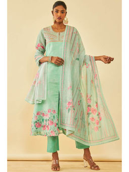 Soch - Green Chanderi Floral Print Kurta with Pant & Dupatta (Set of 3)