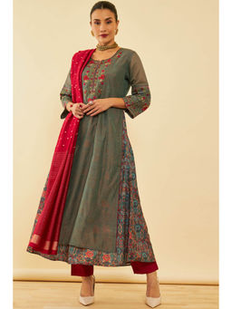 Soch - Grey Chanderi Embroidered Kurta with Pant & Dupatta (Set of 3)