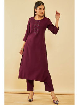 Soch - Wine Viscose Embellished Kurta with Pant (Set of 2)