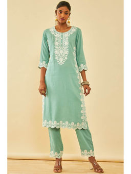 Soch - Green Rayon Slub Embroidered Kurta with Pant (Set of 2)