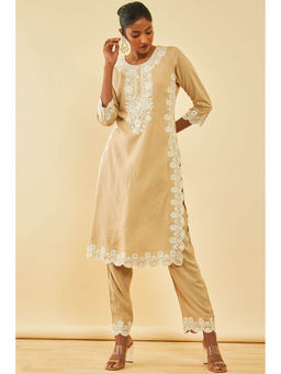 Soch - Beige Rayon Slub Embroidered Kurta with Pant (Set of 2)