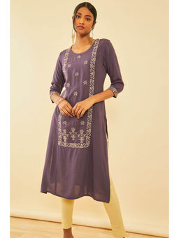 Soch - Purple Rayon Slub Embroidered Kurta