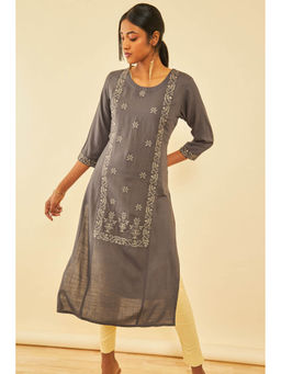 Soch - Grey Rayon Slub Embroidered Kurta