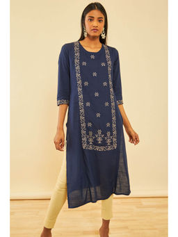 Soch - Navy Blue Rayon Slub Embroidered Kurta