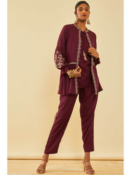 Soch - Maroon Rayon Slub Embroidered Co-ord (Set of 3)