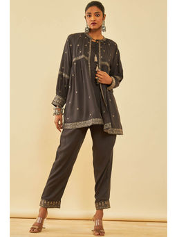 Soch - Charcoal Rayon Slub Embroidered Co-ord (Set of 3)