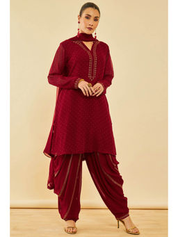 Soch - Maroon Georgette Embellished Kurta with Dhoti & Dupatta (Set of 3)