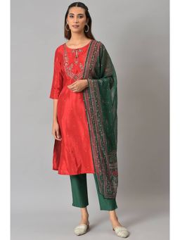 W - Red Embroidered Kurta-Slim Pant-Dupatta (Set of 3)