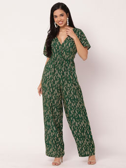 Moomaya - Green Short Sleeve Rayon Jumpsuit