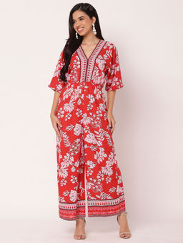 Moomaya - Red Women Printed Wide Leg Loose Jumpsuit