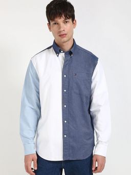 Tommy Hilfiger - Navy Blue Colorblocked Relaxed Fit Cotton Shirt