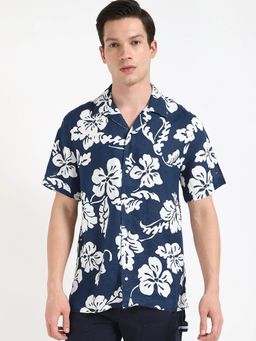 Tommy Hilfiger - Navy Blue Floral Printed Regular Fit Linen Shirt