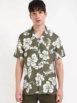 Tommy Hilfiger - Olive Floral Printed Regular Fit Linen Shirt