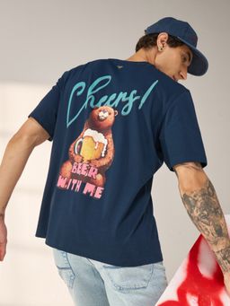 The Bear House - Blue Men's Cotton Graphic Printed T-Shirt