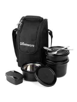 Oliveware - Executive 3 Stainless Steel Lunch Box + Plastic Pickle Box + Steel Cutlery + Bag - Black