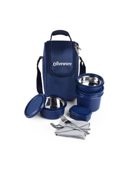 Oliveware - Executive 3 Stainless Steel Lunch Box + Plastic Pickle Box + Steel Cutlery + Bag - Blue
