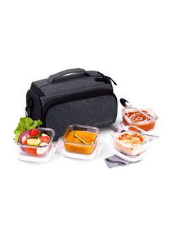 Oliveware - Elite Glassware Square 4 Container Lunchbox + Napkin + Steel Cutlery + Bag - Grey