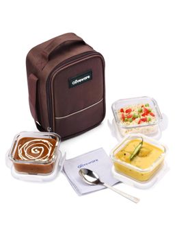 Oliveware - EcoFresh 3 Borosilicate Glass Lunch Box + Bag + Spoon + Napkin - Brown