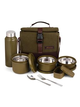 Oliveware - Magma 3 Lunch Box + Bottle + Pickle Box + Spoon + Fork + Bag - Green