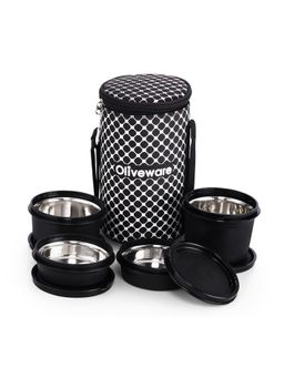 Oliveware - Mason Microwave Safe & Leak Proof 4 Steel Lunch Box with Fabric Bag - Black