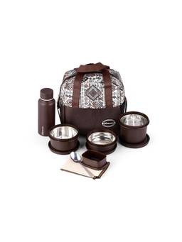 Oliveware - Marina 3 Lunch Box + Pickle Box + Steel Bottle + Napkin + Steel Spoon + Bag - Brown