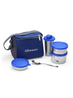 Oliveware - Milano 3 Stainless Steel Lunch Box + Spoon + Tumbler + Bag - Blue