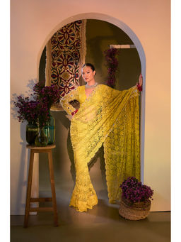 Aishwarya Tyagi - Yellow Varda Mirror Work Saree with Stitched Blouse