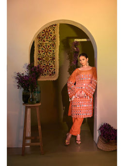 Aishwarya Tyagi - Rust Mirror Work Kurta with Pant and Inner (Set of 3)