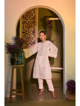 Aishwarya Tyagi - Beige Lily Mirror Work Kurta with Pant and Inner (Set of 3)