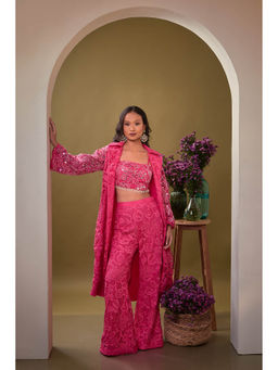 Aishwarya Tyagi - Pink Padma Mirror Work Jacket with Bustier and Pant (Set of 3)