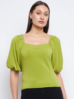 Madame - Sweetheart Neck Light Green Puff Sleeve Top