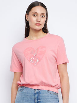 Madame - Elasticated Hem Pink Embellished T-Shirt