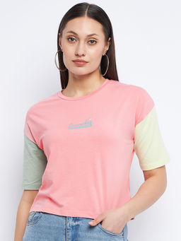 Madame - Colorblock Baby Pink Drop Down Shoulder T-shirt