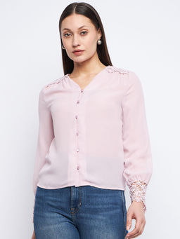 Madame - Lace Detailed Onion Pink V-Neck Shirt