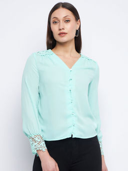 Madame - Lace Detailed Sea Green V-Neck Shirt