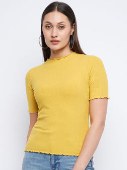 Madame - Solid Mustard Yellow Lettuce Hem Top