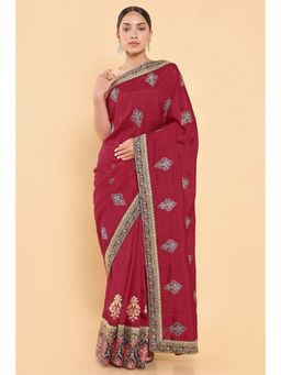 Soch - Women Red Silk Embroidered Saree with Stitched Blouse