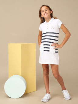 U.S. POLO ASSN. - Girls White Horizontal Striped Skater Dress