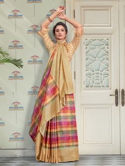 Akhilam - Women Linen Beige Printed Celebrity Saree with Unstitched Blouse