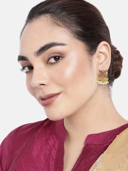 Peora - Gold Plated Traditional Floral Designer Stud Dangling Pearl Earring Set