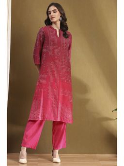 Biba - Pink Viscose Blend Straight Bandhani Print Kurta with Pant (Set of 2)