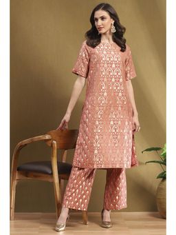 Biba - Peach Floral Woven Straight Kurta with Palazzo (Set of 2)