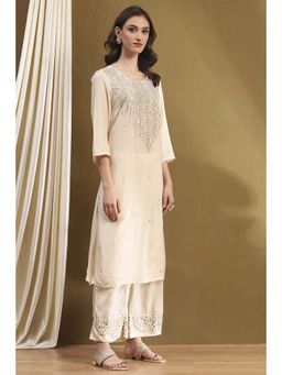 Biba - Beige Printed Embellished Kurta with Palazzo (Set of 2)