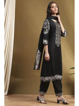 Biba - Black Floral Woven Kurta with Pant and Dupatta (Set of 3)