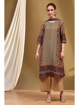 Biba - Beige Printed Kurta with Palazzo and Dupatta (Set of 3)