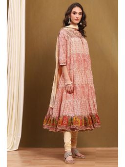 Biba - Beige Ecru Cotton Tiered Anarkali Kurta with Churidar and Dupatta (Set of 3)